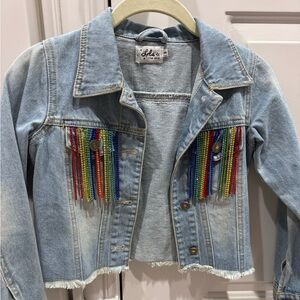 Jean jacket with rhinestone fringe